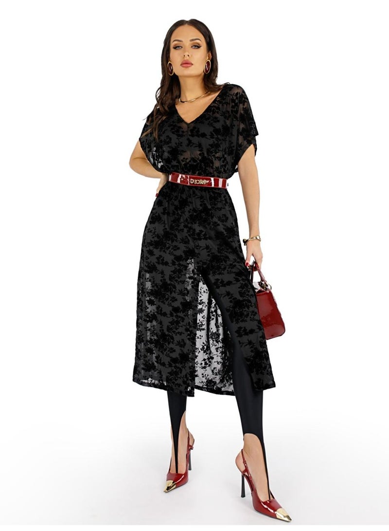 AURA Women’s Beach Dress – Lightweight Summer Kaftan Cover Up, Free Size, Black Floral Mesh – Perfect for Beach, Resort & Poolside - Image 3