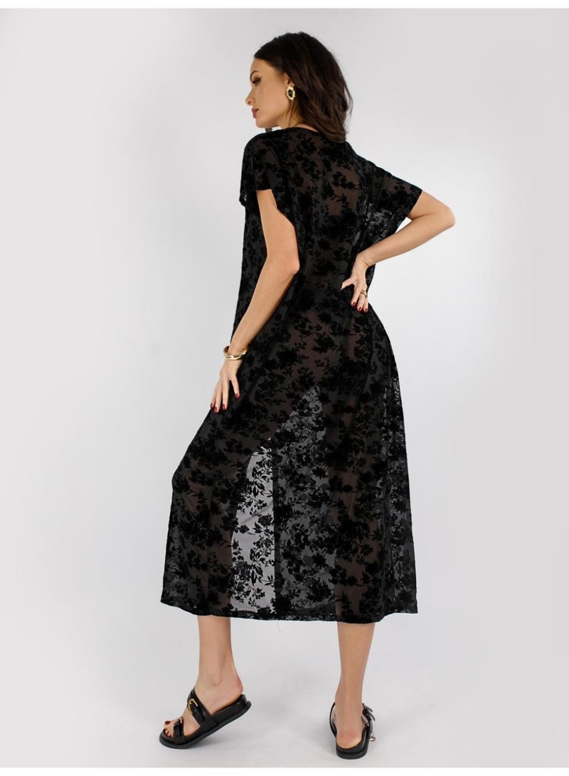 AURA Women’s Beach Dress – Lightweight Summer Kaftan Cover Up, Free Size, Black Floral Mesh – Perfect for Beach, Resort & Poolside - Image 4