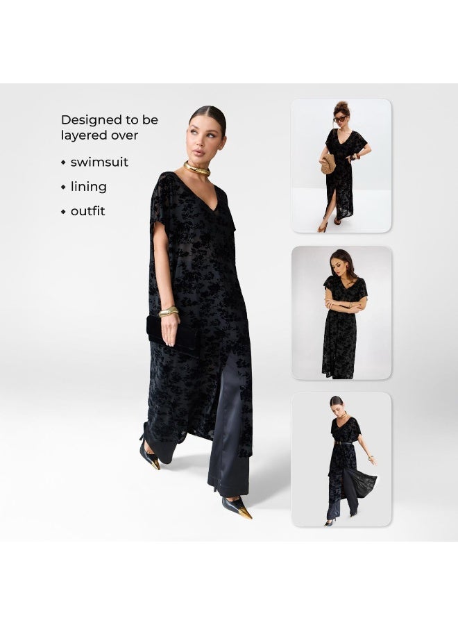 AURA Women’s Beach Dress – Lightweight Summer Kaftan Cover Up, Free Size, Black Floral Mesh – Perfect for Beach, Resort & Poolside - Image 5