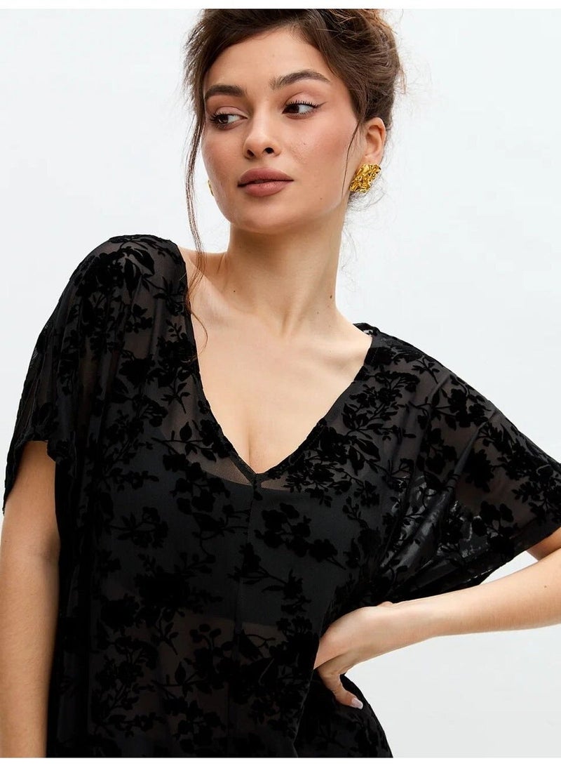 AURA Women's Velvet Floral Mesh Kaftan Dress – Sheer Beach Cover-Up | Resort Layering Midi Dress | Summer Vacation Outfit | Breathable Floral Kaftan for Women-Black - Image 2