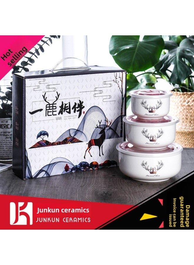 Year Of The Snake Gift Bowl Printed Cartoon Ceramic Fresh-keeping Bowl Three-piece Cartoon Sealed Bowl Wedding Gift Tableware Suit-Specifications:A Deer Accompanied-Color:2-Piece Gift Box (36 Or 20 Sets Per Box) - Image 1