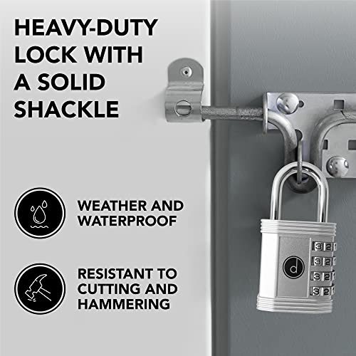 desired tools Padlock 4 Digit Combination Lock - for Gym School Locker, Outdoor Gate, Shed, Fence, and Storage - Weatherproof Metal - Keyless, Easy to Set, Resettable - Silver - Image 3