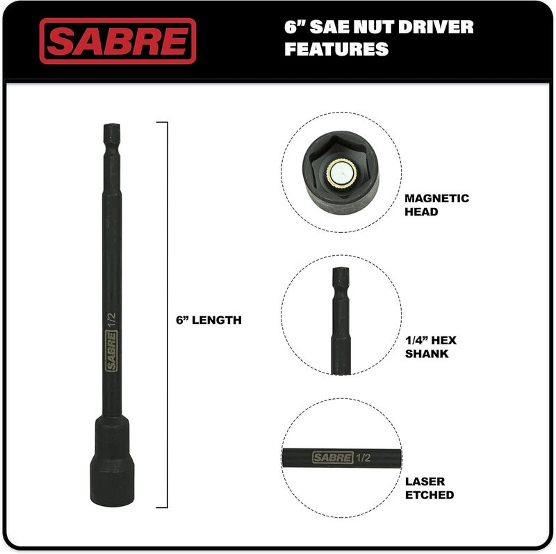 Sabre Tools 8 Piece SAE Impact Magnetic Nut Driver Set – 6 Inch Length, 1/4 Inch Hex Shank, Magnetic Socket Tip (8 Piece SAE Set) - Image 3