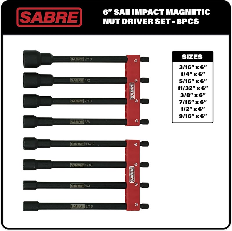 Sabre Tools 8 Piece SAE Impact Magnetic Nut Driver Set – 6 Inch Length, 1/4 Inch Hex Shank, Magnetic Socket Tip (8 Piece SAE Set) - Image 2