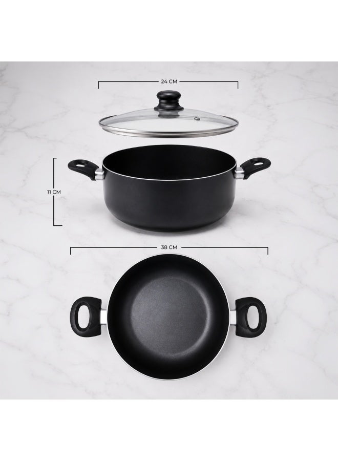 خط الطبخ COOKLINE قدر طهي غير لاصق 24 سم مع غطاء زجاجي، من الألمنيوم المضغوط بطلاء حجري، قاعدة متوافقة مع الحث الحراري - أسود - Image 2
