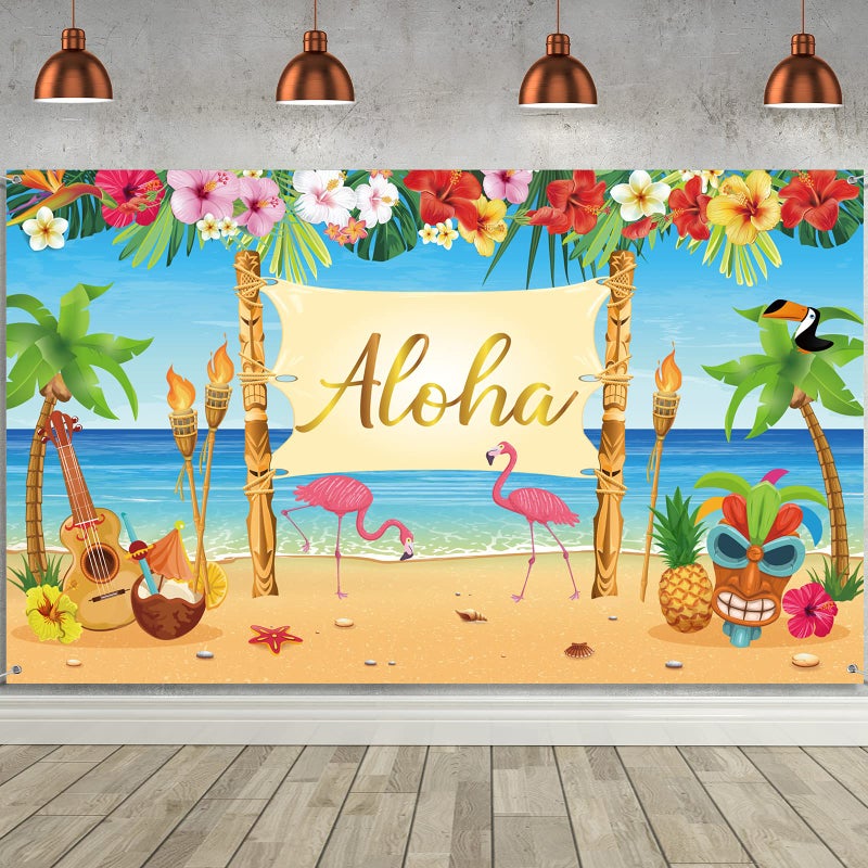 Sumind Hawaiian Aloha Party Decoration, Extra Large Summer Luau Beach Banner Backdrop Background Photography for Birthday Musical Party Tropical Tiki Themed Decoration, 72.8 x 43.3 Inch - Image 1