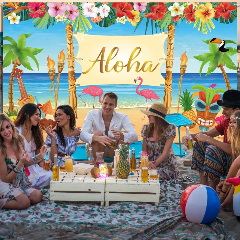 Sumind Hawaiian Aloha Party Decoration, Extra Large Summer Luau Beach Banner Backdrop Background Photography for Birthday Musical Party Tropical Tiki Themed Decoration, 72.8 x 43.3 Inch - Image 3