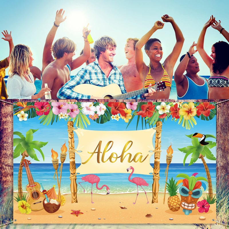 Sumind Hawaiian Aloha Party Decoration, Extra Large Summer Luau Beach Banner Backdrop Background Photography for Birthday Musical Party Tropical Tiki Themed Decoration, 72.8 x 43.3 Inch - Image 4
