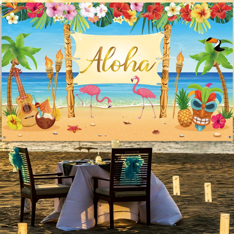 Sumind Hawaiian Aloha Party Decoration, Extra Large Summer Luau Beach Banner Backdrop Background Photography for Birthday Musical Party Tropical Tiki Themed Decoration, 72.8 x 43.3 Inch - Image 5