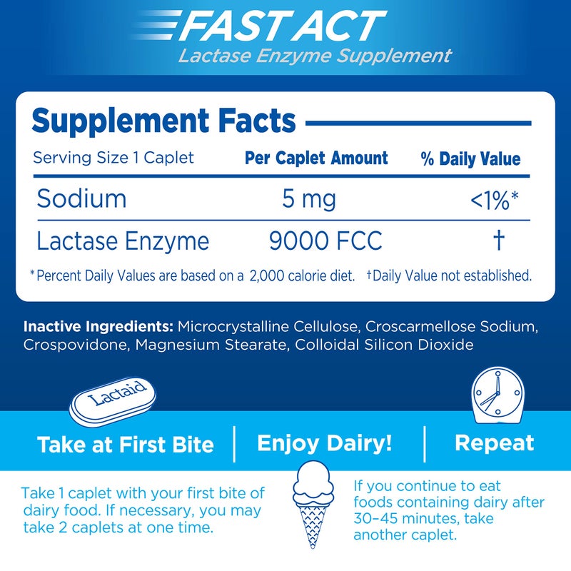 Lactaid Fast Act Lactose Intolerance Caplets with Lactase Enzyme, Dairy Relief from Gas, Bloating & Diarrhea, 9000 FCC Lactose Intolerance Pills, 96 Individual Travel On-The-Go Packs (96 x 1 ct) - Image 5