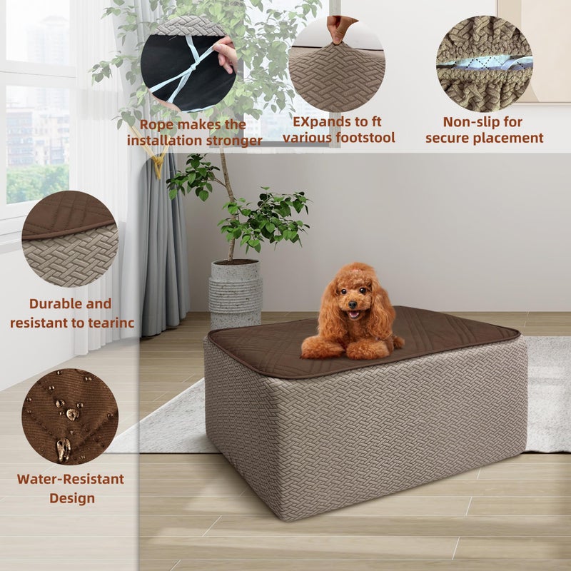 MEHIDFY Ottoman Cover, Waterproof Square Stool Slipcover, Quilted Stretch Furniture Protector, 28-32 Inches, Machine Washable (Brown, Medium) - Image 2