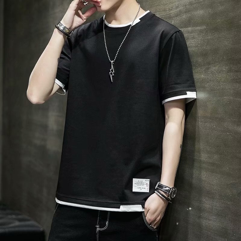 Short-sleeved T-shirt Men's Fashion Brand Fashion Clothes Summer Men's Half-sleeved Round Neck Student T-shirt Fake Two-piece Solid Color Half-sleeved - Image 1