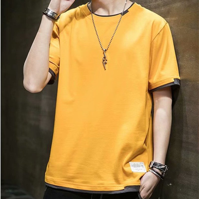 Short-sleeved T-shirt Men's Fashion Brand Fashion Clothes Summer Men's Half-sleeved Round Neck Student T-shirt Fake Two-piece Solid Color Half-sleeved - Image 5