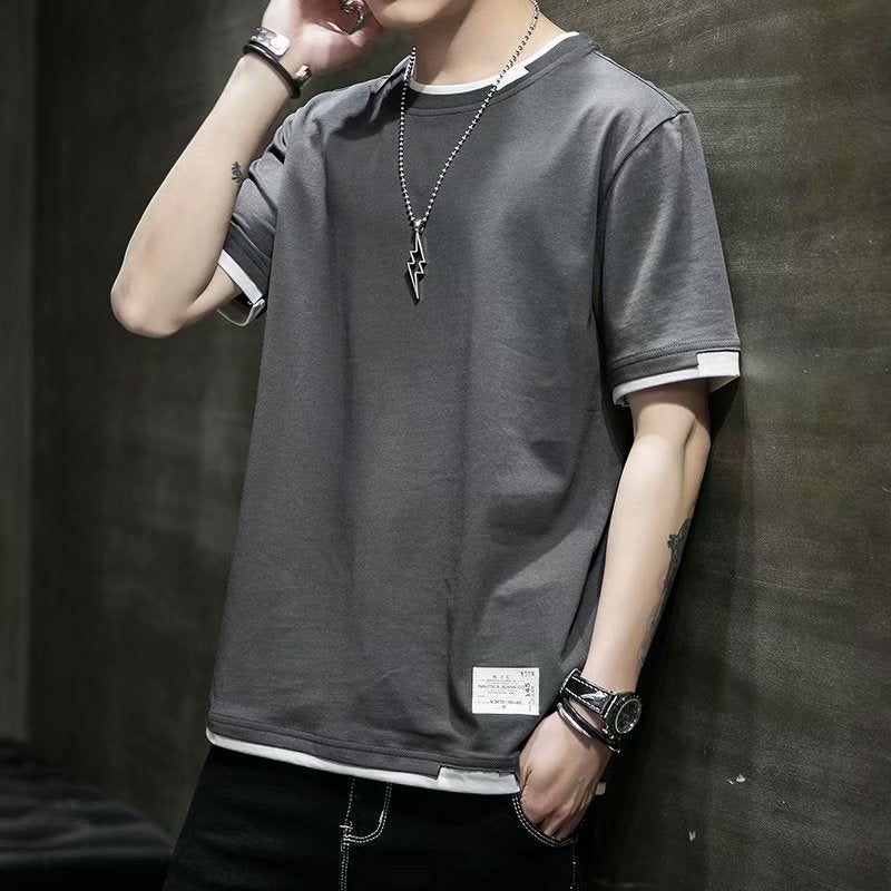 Short-sleeved T-shirt Men's Fashion Brand Fashion Clothes Summer Men's Half-sleeved Round Neck Student T-shirt Fake Two-piece Solid Color Half-sleeved - Image 2