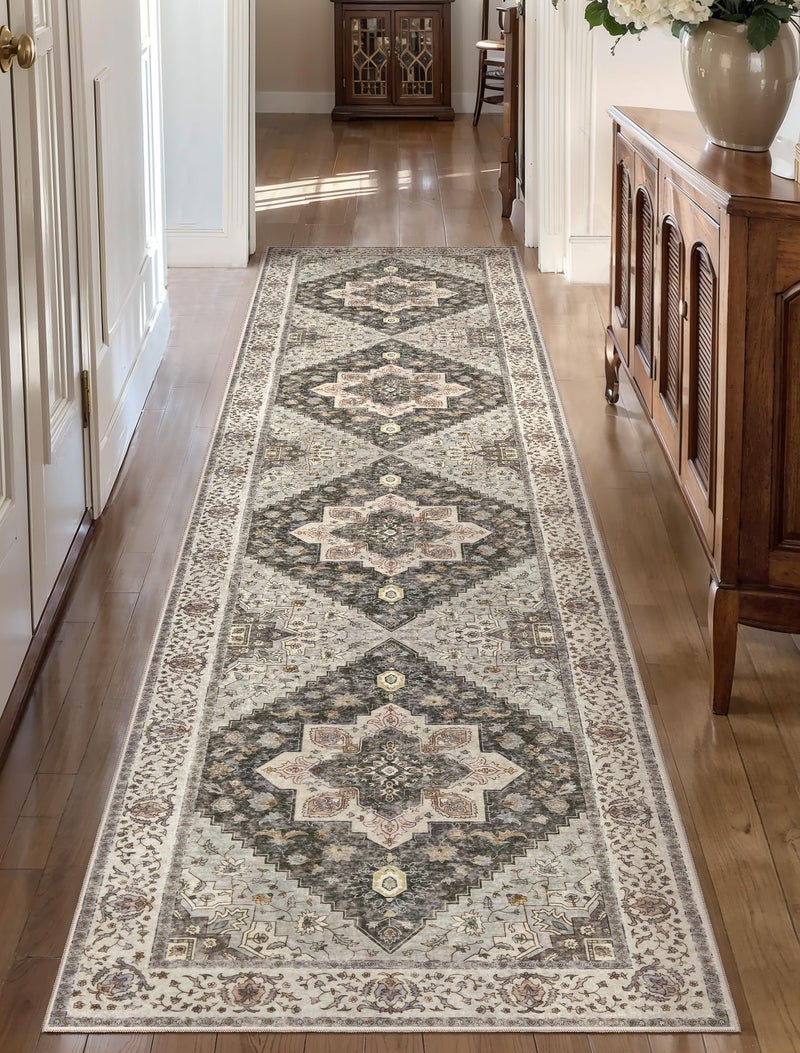 Tangsoo 2x10 Washable Runner Rug for Hallways, Non Slip Vintage Runner Rug, Soft Low Pile Long Runner, Print Distressed Grey Carpet Runners for Kitchen Bedroom Entryway Bathroom Living Room - Image 1