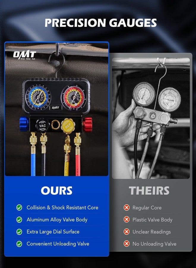 Orion Motor Tech مجموعة عدادات تكييف الهواء من أوريون موتور تك، مجموعة عدادات متعددة الاتجاهات لغاز التبريد R1234yf وR134a وR404a، مجموعة عدادات سيارات مع خراطيم ووصلات سريعة وصمامات علب ذاتية الإغلاق لشحن وتفريغ غاز الفريون في السيارات - Image 4