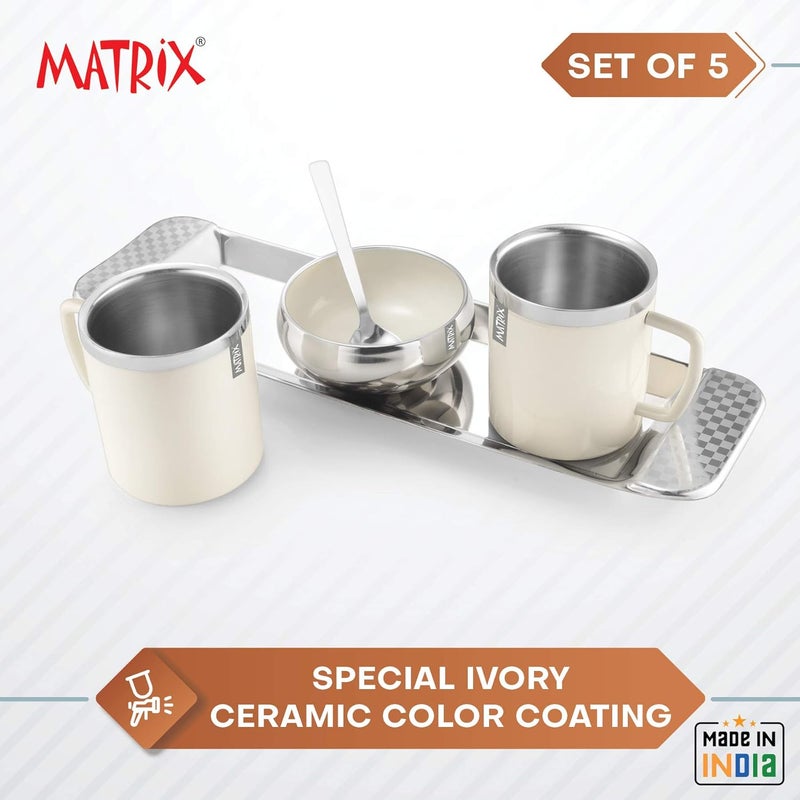 Matrix Stainless Steel Double Wall Coffe Mug 2 with Snack Bowl Tray Spoon with Outside Ceramic Ivory Colour CoatedSet of 5 Pcs - Image 4