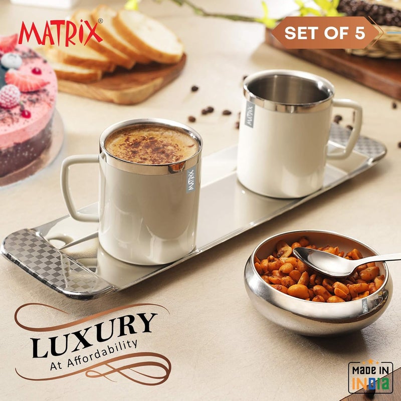 Matrix Stainless Steel Double Wall Coffe Mug 2 with Snack Bowl Tray Spoon with Outside Ceramic Ivory Colour CoatedSet of 5 Pcs - Image 2