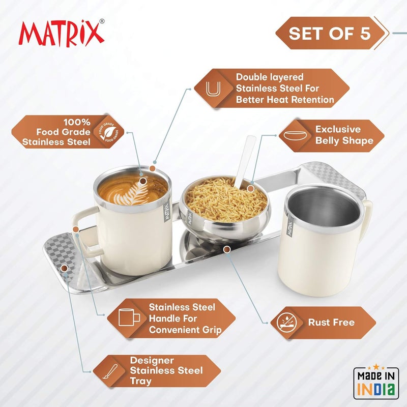 Matrix Stainless Steel Double Wall Coffe Mug 2 with Snack Bowl Tray Spoon with Outside Ceramic Ivory Colour CoatedSet of 5 Pcs - Image 3