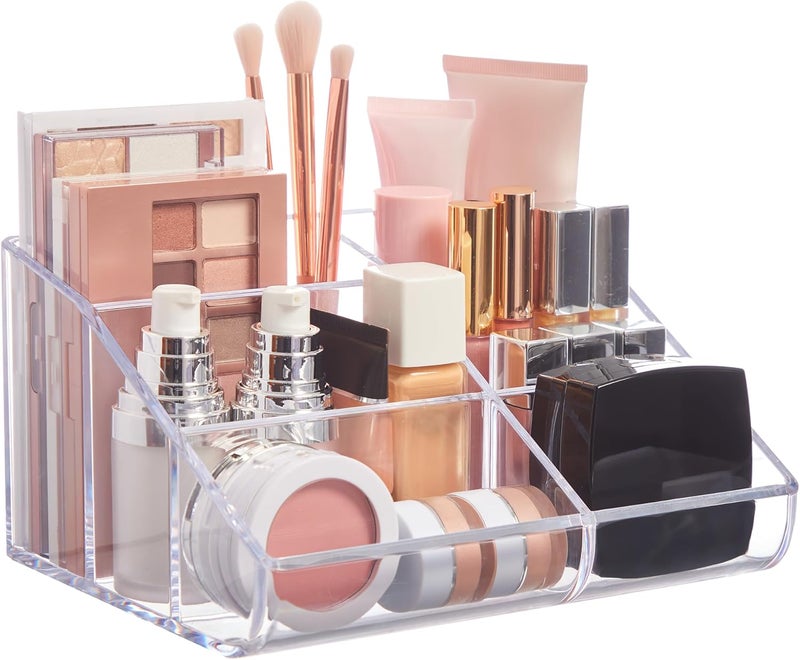 STORi Clear Plastic Vanity Makeup Organizer | 6-Compartment Holder for Brushes, Eyeshadow Palettes, & Beauty Supplies | Curved Front Design | Made in USA - Image 1