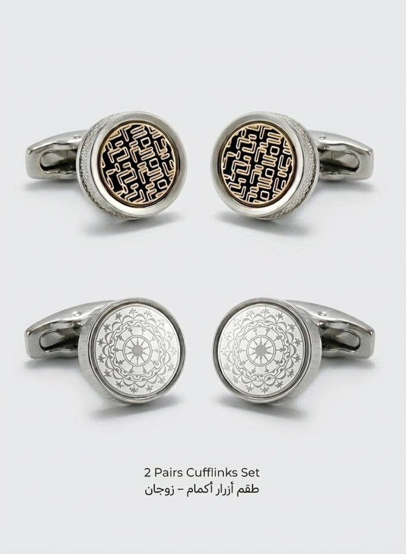FIORICASA Men’s Elegant Round Cufflinks with Silver Pattern – Classic Glossy Design - Image 1
