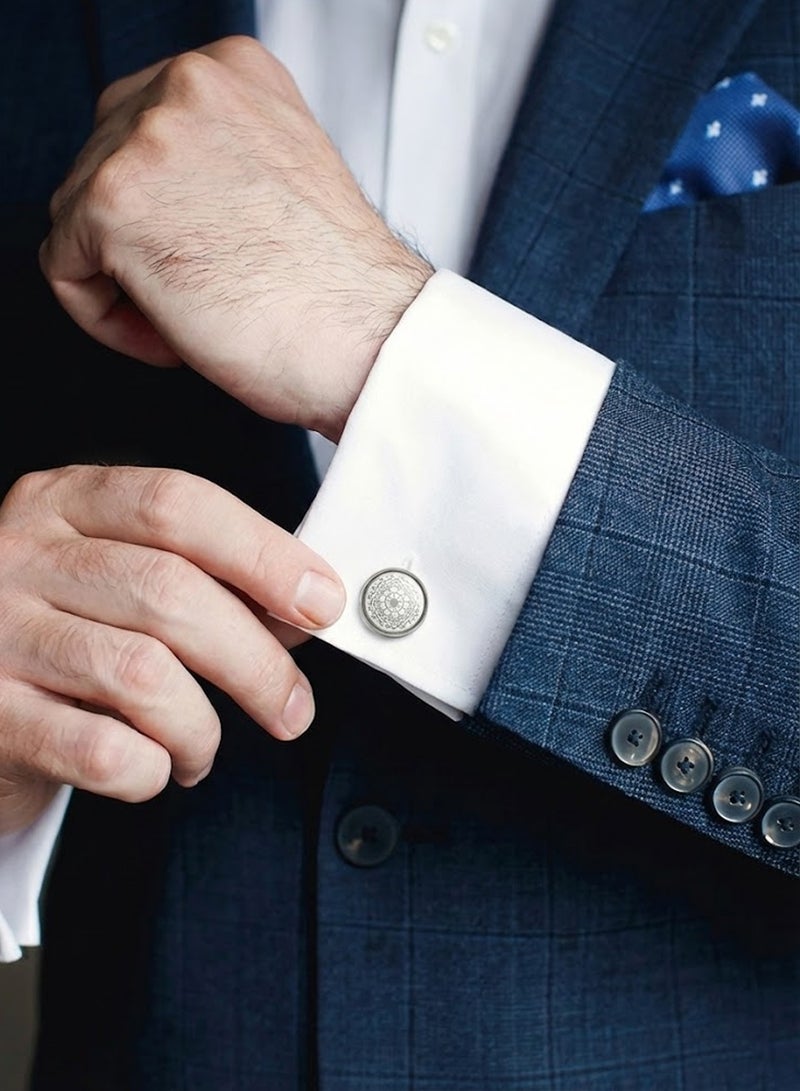 FIORICASA Men’s Elegant Round Cufflinks with Silver Pattern – Classic Glossy Design - Image 2