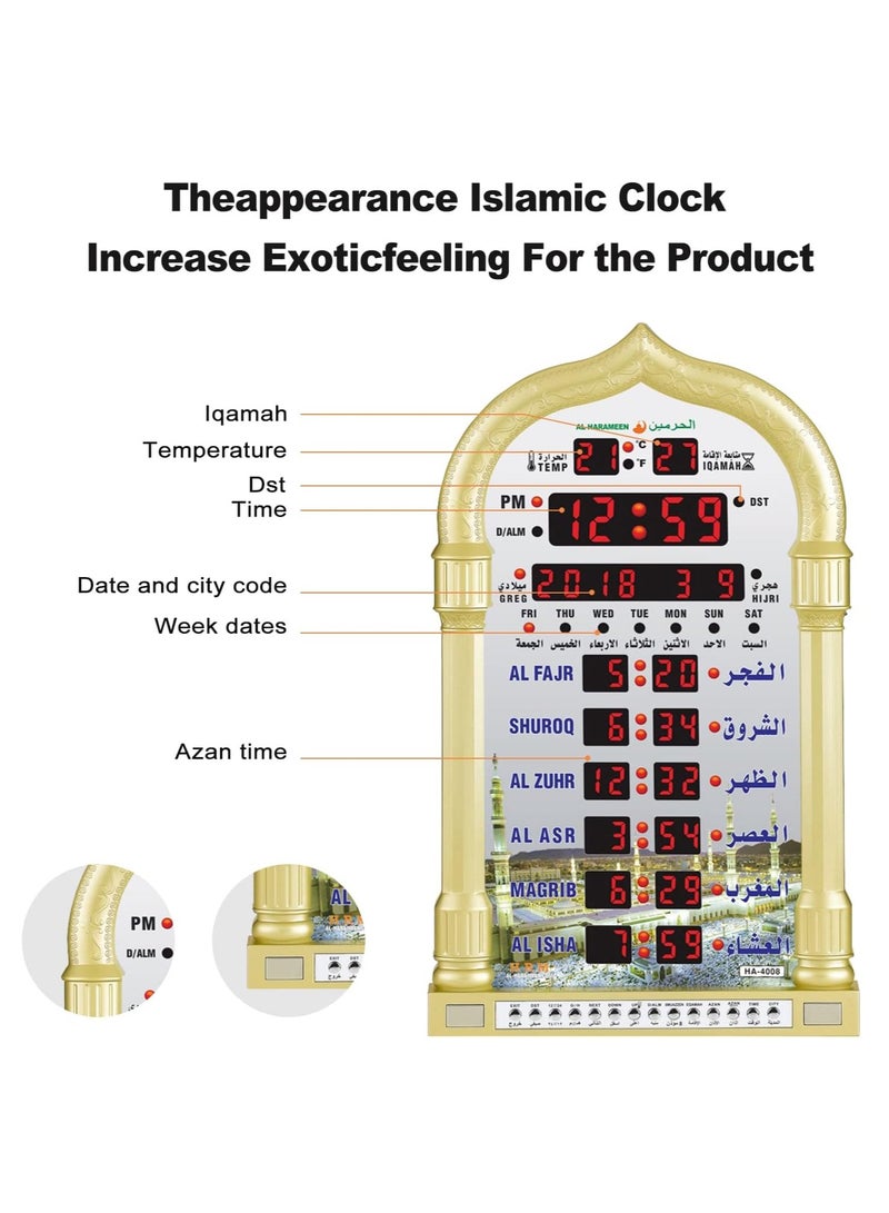 HA4008 LED Digital Islamic Wall Clock with Mosque Prayer Times and Complete Azaan Gold - Image 2