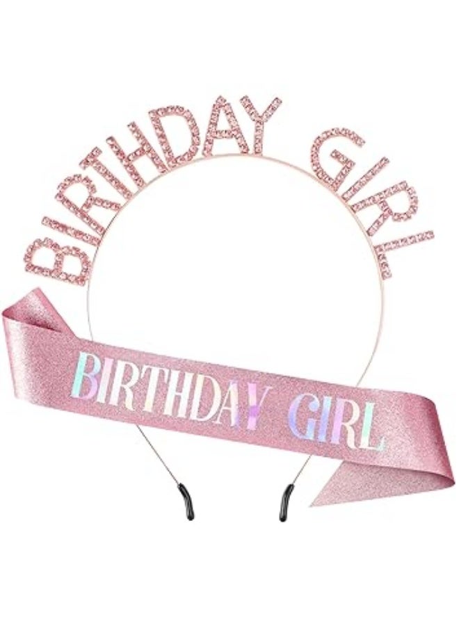 JoyousSto Pink Birthday Girl Crown Tiara and Glitter Sash Set for Women Princess Queen Sweet Happy Birthday Headband Dress Hat Party Favors Supplies Decorations Accessories for Girl Gift for Her Girls - Image 1