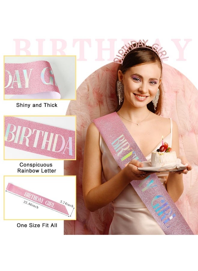 JoyousSto Pink Birthday Girl Crown Tiara and Glitter Sash Set for Women Princess Queen Sweet Happy Birthday Headband Dress Hat Party Favors Supplies Decorations Accessories for Girl Gift for Her Girls - Image 2