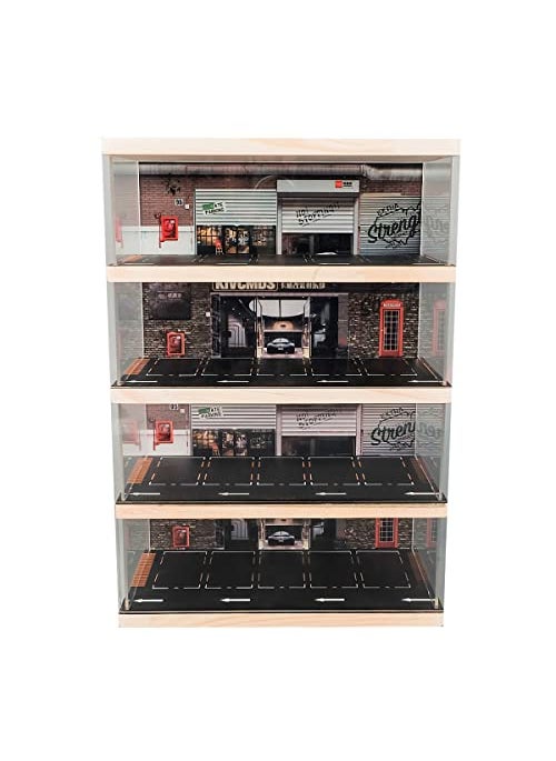 kivcmds kivcmds 164 Scale 4Tiers Vehicle Model Display Case for Sports Car and Lego Model Collectors Display Stand for Alloy Car Model Toy with Parking Lot Scene 4Tiers Auto Repair Store Scene 