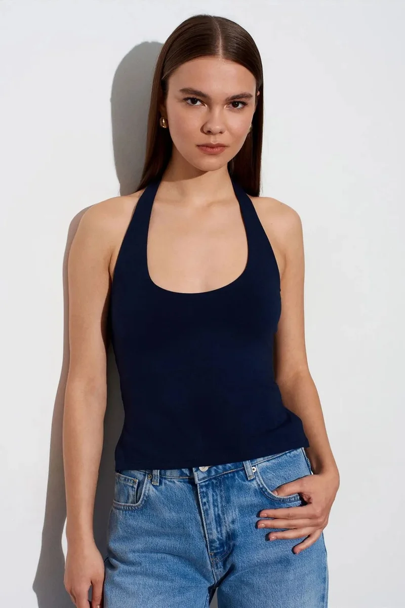 Dilvin Navy Blue DILVIN Halterneck Cut-Out Slim Fit Blouse for Women | Best Price UAE