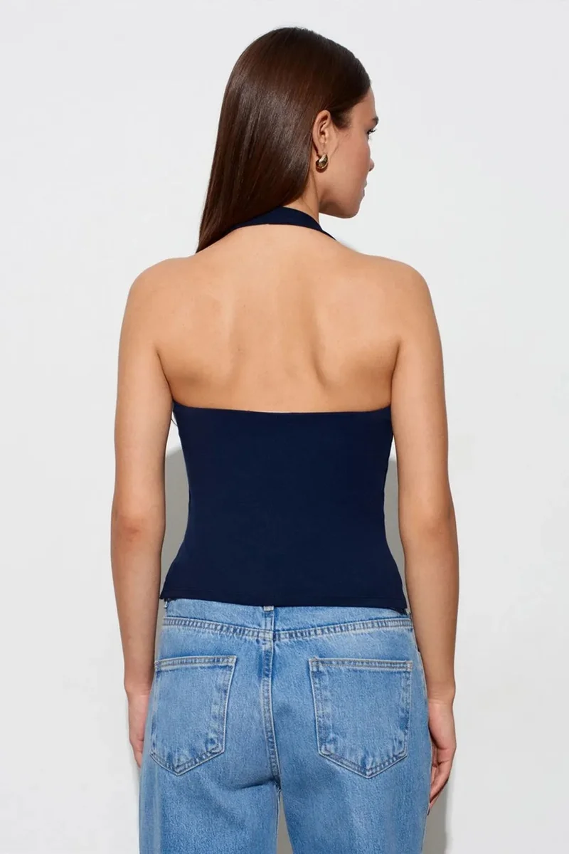 Dilvin Navy Blue DILVIN Halterneck Cut-Out Slim Fit Blouse for Women | Best Price UAE