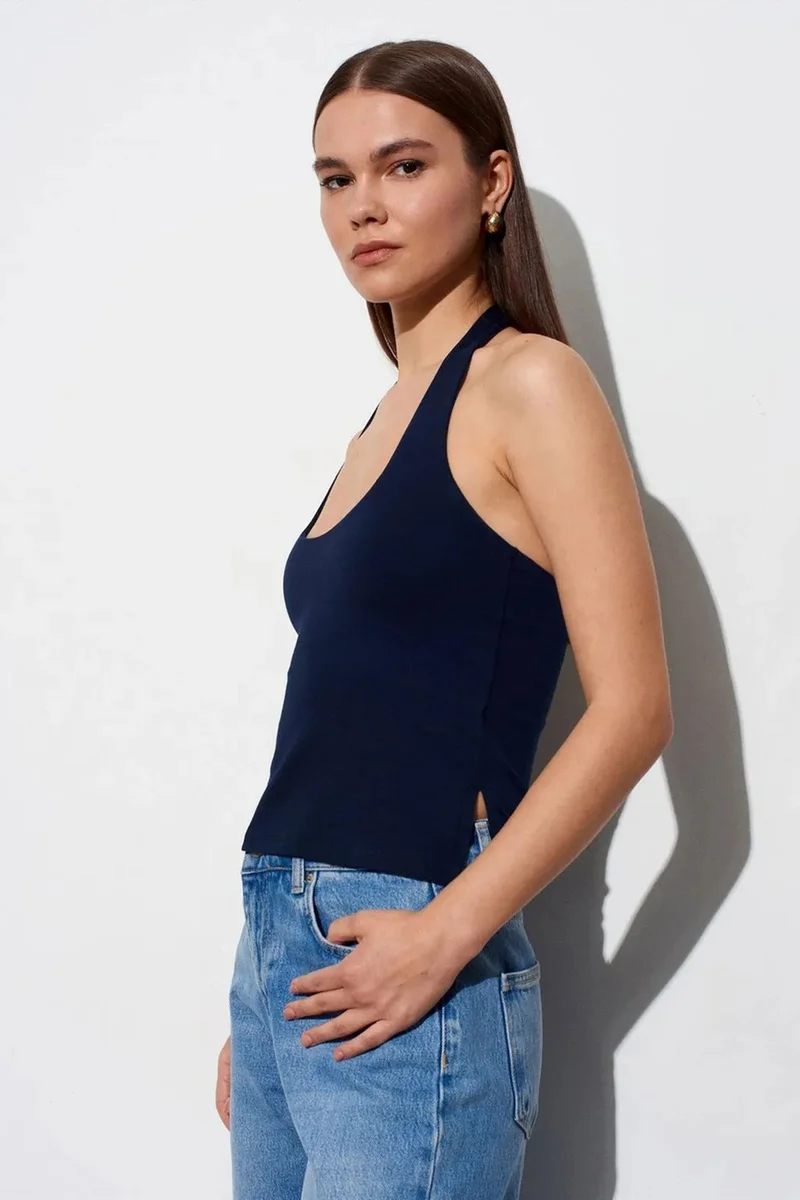 Dilvin Navy Blue DILVIN Halterneck Cut-Out Slim Fit Blouse for Women | Best Price UAE