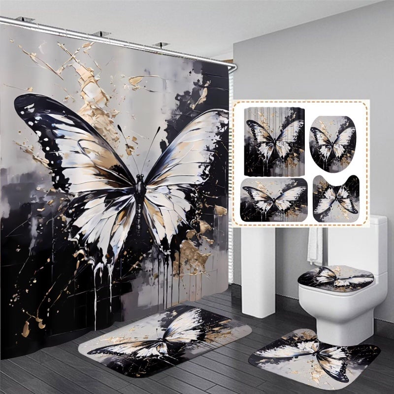 Pretyw 4 Pcs Black Butterfly Shower Curtain Set with Rugs Grey and Gold Bathroom Set Modern Bathroom Accessories Decor with Bath MatsRugs