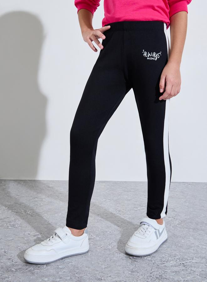 Styli Girls Black Side Printed Leggings with Side Stripe - Image 1