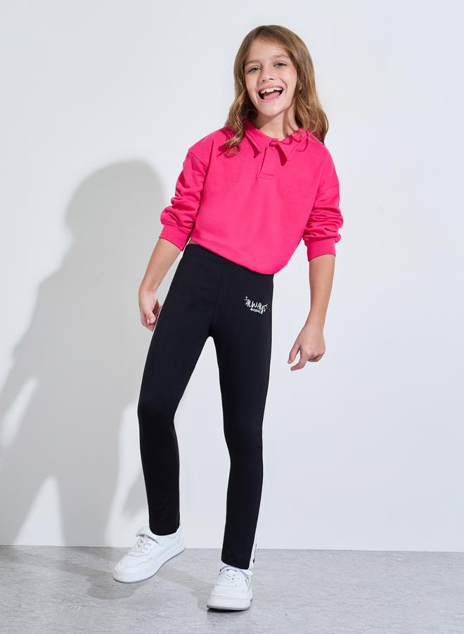 Styli Girls Black Side Printed Leggings with Side Stripe - Image 2
