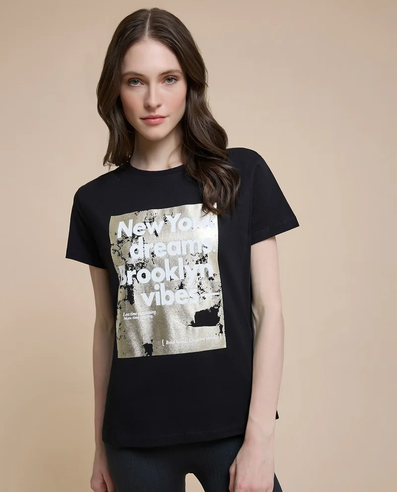 أر أند بي Printed T-Shirt with Crew Neck and Short Sleeves