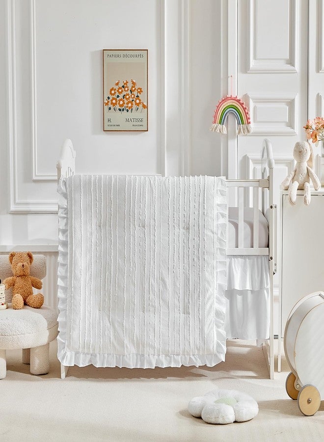 Flysheep 3 Pieces Tufted Stripes Crib Bedding Set with Ruffle Fringe, White Ruffled Comforter with Fitted Sheet and Bed Skirt, Soft and Embroidery Shabby Chic Boho Bohemian Jacquard Design for Baby Girls Boys - Image 4