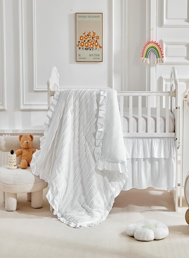 Flysheep 3 Pieces Tufted Stripes Crib Bedding Set with Ruffle Fringe, White Ruffled Comforter with Fitted Sheet and Bed Skirt, Soft and Embroidery Shabby Chic Boho Bohemian Jacquard Design for Baby Girls Boys - Image 3