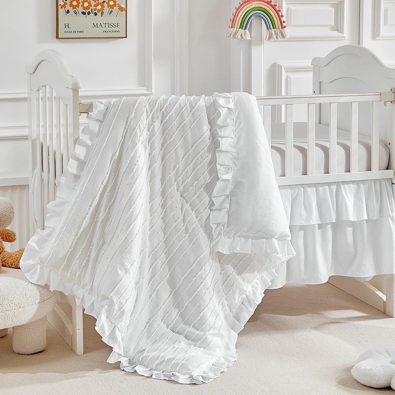 Flysheep 3 Pieces Tufted Stripes Crib Bedding Set with Ruffle Fringe, White Ruffled Comforter with Fitted Sheet and Bed Skirt, Soft and Embroidery Shabby Chic Boho Bohemian Jacquard Design for Baby Girls Boys - Image 1
