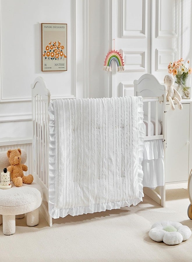 Flysheep 3 Pieces Tufted Stripes Crib Bedding Set with Ruffle Fringe, White Ruffled Comforter with Fitted Sheet and Bed Skirt, Soft and Embroidery Shabby Chic Boho Bohemian Jacquard Design for Baby Girls Boys - Image 2