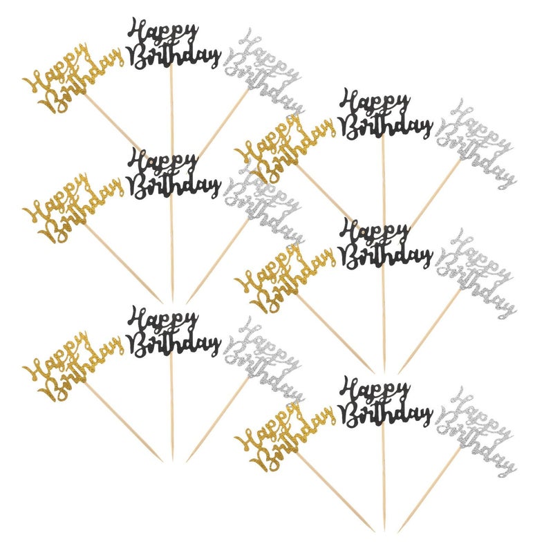 Gold Black Silver Glitter Cake Toppers And Cupcake Picks 36pcs Birthday Party Decorations - Image 2