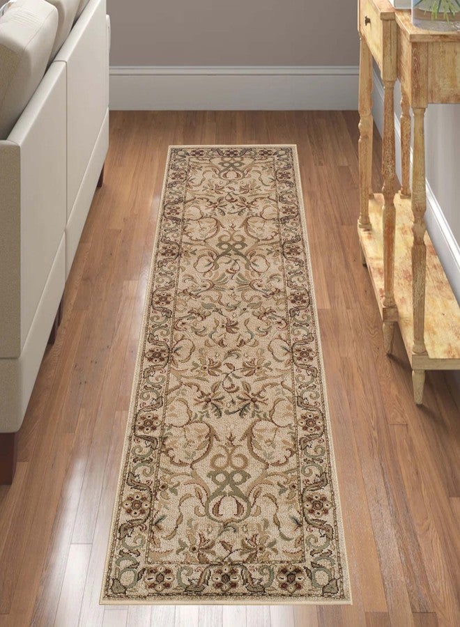 Superior Indoor Runner Rug, Plush Carpet Cover, High-Traffic Rug, Apartment Rugs, Bedroom, Living Room, Office, Hallway, Kitchen, Floral Scroll Floor Decor, Heritage Collection, 2' x 11', Ivory - Image 1