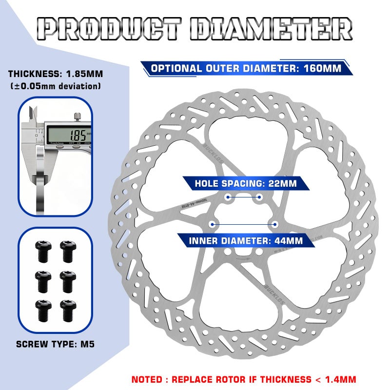BUCKLOS RT58 140mm 160mm 180mm 203mm Bike Disc Brake Rotor with 6 Bolts, MTB Stainless Steel Bicycle Brake Rotor Fit for Mountain Bikes, Road Bikes, BMX (M5 Screws) - Image 4