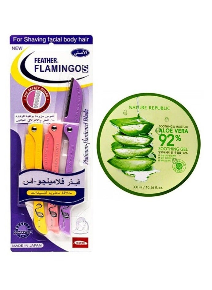Feather-Flamingo 3-Piece Facial Touch-up Razor Purple/Peach/Yellow AND Soothing And Moisture Aloe Vera Gel Clear 300ml
