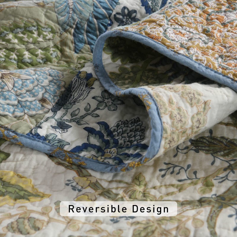 Yvooxny Quilt Set Queen Bedspread Reversible Green Farmhouse Garden Coverlet Real Patchwork Quilt Set for All Seasons, Bohemian Floral Pattern, Queen Size - Image 4