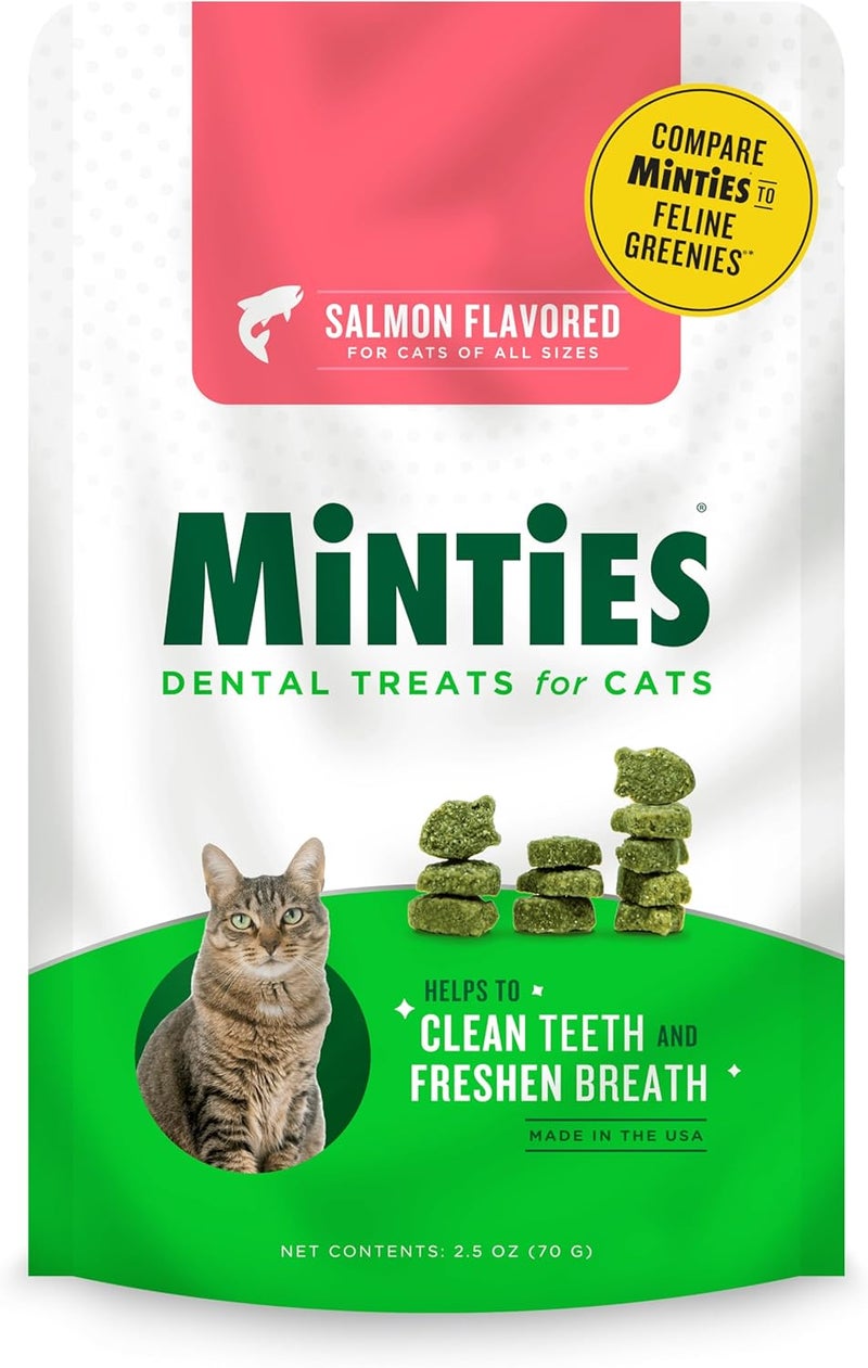 Minties Dental Treats for Cats, Salmon Flavored Treats for Cats, Freshens Breath and Controls Tartar, 2.5oz - Image 1