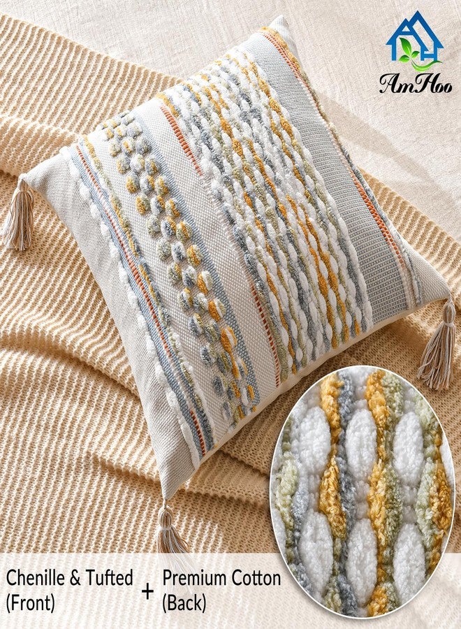 AmHoo Chenille Striped Textured Boho Throw Pillow Covers Aesthetic with Tassels Woven Decorative Pillow Case for Couch Bed Sofa Bedroom Modern Funky 18 x 18-Inch Grey - Image 2