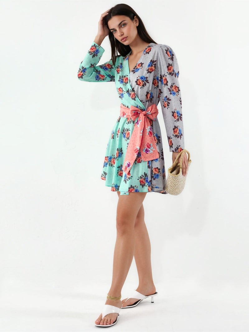 Jennyfer Floral Chiffon Wrap Mini Dress - Image 2