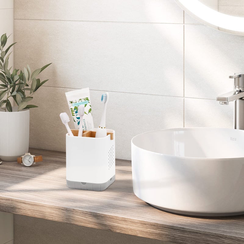 Boperzi Toothbrush and Toothpaste Holder with Bamboo Divider for Bathroom Countertop Organizer, Plastic Detachable Anti-Slip Large Electric Toothbrush Holders Storage Caddy Drainage for Family, Kids - Image 2